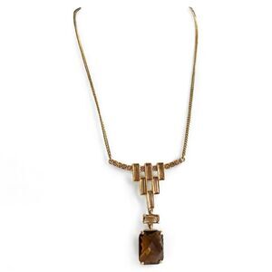 CAROLEE Vintage Gold Necklace with Brown Crystals & Heart Tag – 18” Total